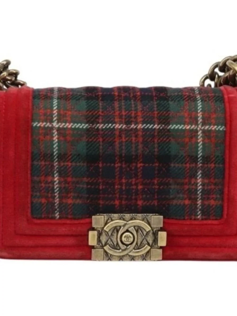 CHANEL Boy Chanel Chain Shoulder Bag Velor Red Gold CC Auth mr2605SAV